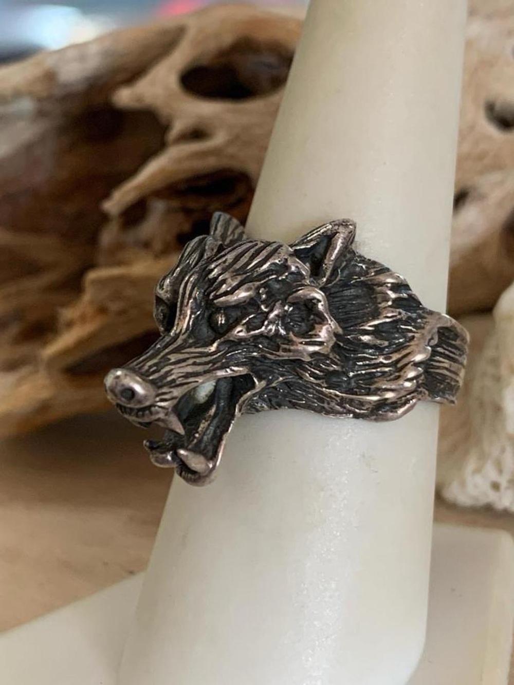 Guys 925 Sterling Silver Wolf Ring Size 7 biker western punk